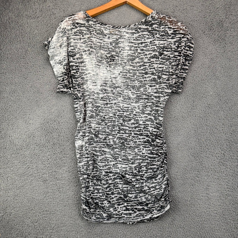 BKE Womens Gray Black Abstract Print Ruched Sheer Short Sleeve Top Size M - Picture 6 of 7